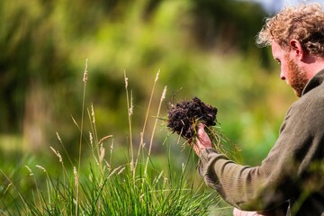farmer collecting soil samples in a test tube in a field. Agronomist checking soil carbon and plant health on a farm