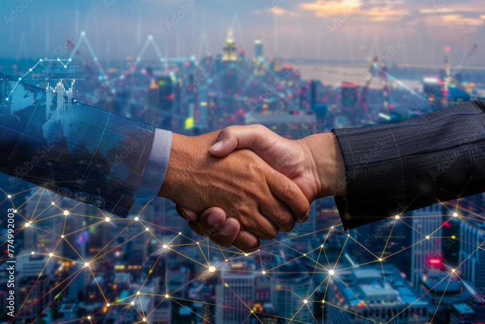 Poster building successful connections: two men confidently shake hands against the backdrop of a dynamic c