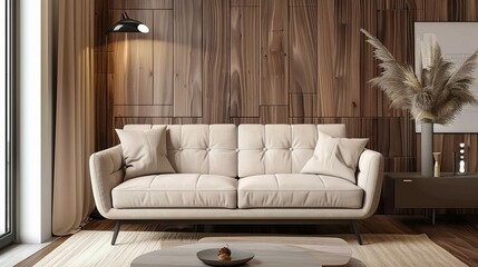 Cozy interior: beige loveseat sofa in small room with wooden wall design - home décor and interior design concept