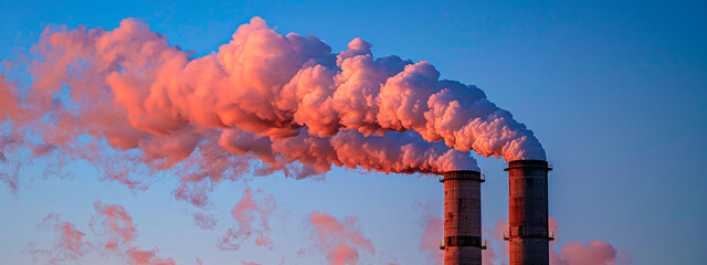 Smoke billowing from factory chimneys against a blue sky, a visual dialogue on environmental impact