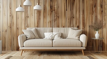 Fototapeta na wymiar Cozy interior: beige loveseat sofa in small room with wooden wall design - home décor and interior design concept