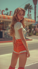 A young woman in orange shorts, in outdoors during summer in vintage style.