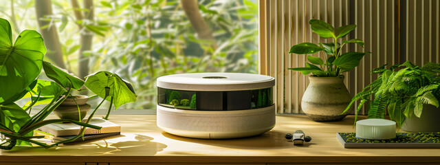 Smart humidifier on table, modern home technology for health and comfort, indoor freshness