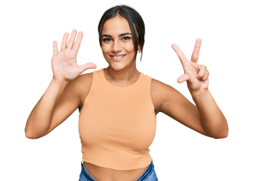 Young brunette woman wearing casual clothes showing and pointing up with fingers number eight while smiling confident and happy.