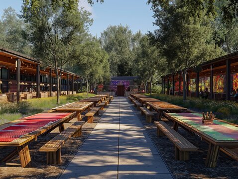 A long walkway with many tables and benches. The tables are covered with red and green cloths