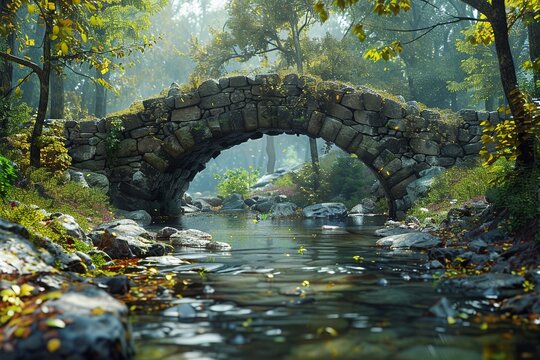 Ancient stone bridge over a stream, photorealistic history, vibrant nature, sunlight ,super realistic,clean sharp focus