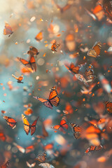 A swarm of vibrant monarch butterflies in mid-flight with a soft-focus background, conveying a sense of freedom and natural beauty.