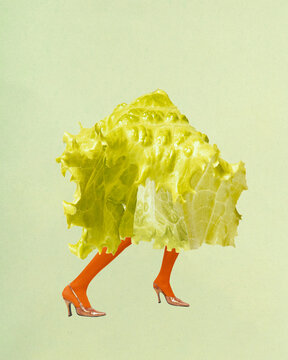 Naklejki Poster. Contemporary art collage. Green salad, vegetable with female legs in vibrant tights and heels against green background. Concept of inspiration, surrealism, fashionable. Pop art.