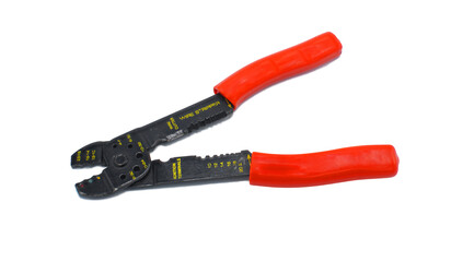 wire stripper or wire cutter with red rubber handles isolated on white Background