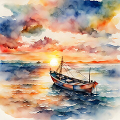 watercolor seascape of boat at sunrise - obrazy, fototapety, plakaty