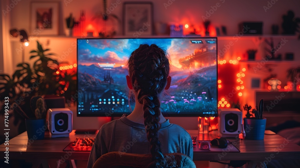 Aufkleber a desk with a computer and a monitor displaying a video game. there is a chair in front of the desk 