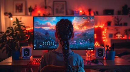 A desk with a computer and a monitor displaying a video game. There is a chair in front of the desk and a keyboard and mouse on the desk. - obrazy, fototapety, plakaty