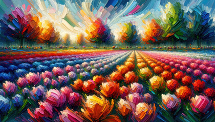 A vivid, abstract painting of tulip fields in The Netherlands. - obrazy, fototapety, plakaty