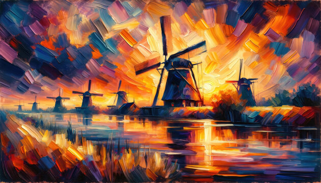 A captivating painting captures Dutch windmills against a fiery sunset, rendered in vivid, expressive impasto strokes.
