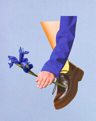 Poster. Contemporary art collage. Female hand holding blue flower, iris near leg in shoe against...