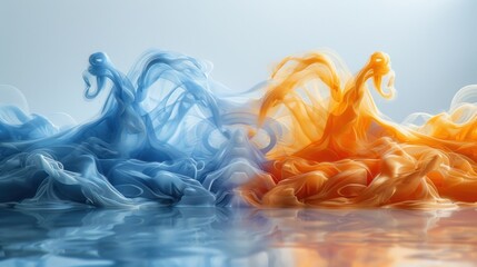 Spectacular image of blue and orange liquid ink churning together