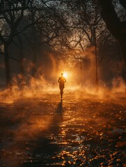 Early Morning Joggers Silhouette Against a Misty Park Sunrise A runners motion blurs into the dawn