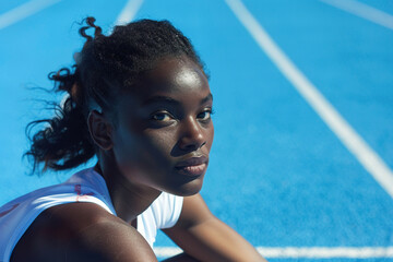 An African American female athlete engages in warm-up exercises, sitting on the Olympic blue track, embodying the concept of race training and dedication in sports