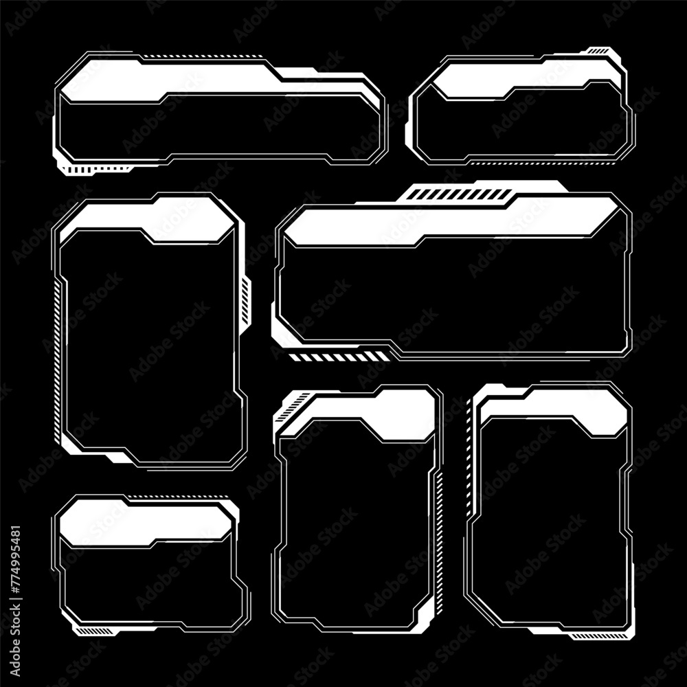 Poster White futuristic HUD, UI elements. Sci-fi user interface text boxes, callouts. Warning message frames, information boxes template. Modern game interface layout in digital style. Vector illustration