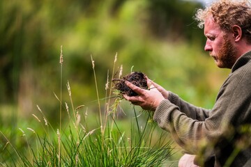 regenerative organic farmer, taking soil samples and looking at plant growth in a farm. practicing sustainable agriculture in a field