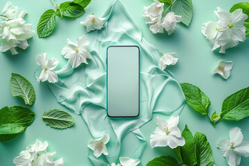 An artistic composition featuring a empty screen of smartphone of green mint color