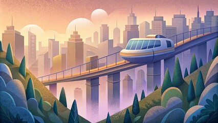 A sleek monorail system that glides above the city connecting different districts and providing a scenic and ecofriendly mode of transportation - obrazy, fototapety, plakaty