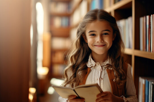 AI generated image of small girl in a library time for curiosity creativity literacy and exploration