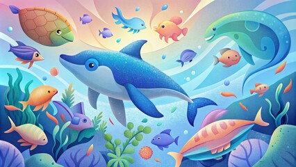 A colorful montage of various marine animals from sea turtles to dolphins swimming freely in their clean and plasticfree ocean habitat.