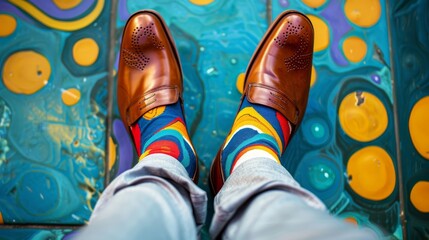 Colorful and quirky socks paired with fashionable shoes on men's legs, a digital AI art representation of modern style and beauty