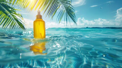 Fototapeta na wymiar Glass yellow bottle with cosmetic essential oil in clear blue water under palm trees