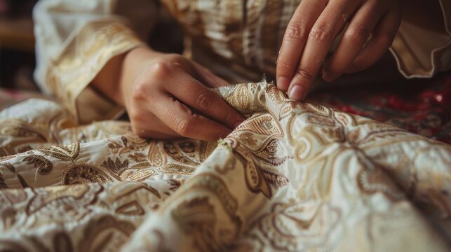Close-up on a seamstress expertly repairing garments, her service blending traditional tailoring with modern design patterns
