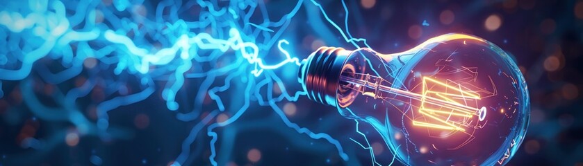 Lightbulb entwined with blue lightning, 3D minimal animation, unique perspective, illustrator - obrazy, fototapety, plakaty