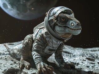 Spacesuited dinosaur exploring moon craters, simple 3D, side angle, illustrator, unique