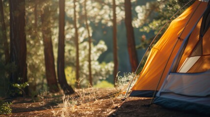 Close-up of a cozy tent nestled in a protected natural habitat, highlighting the beauty and tranquility of camping in the wild - obrazy, fototapety, plakaty