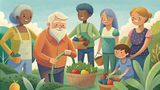 A group of neighbors young and old tending to their shared community garden plot with a sense of camaraderie and joy.