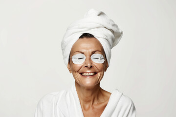 Skincare. Very happy mature Hispanic woman laughing, applying cosmetic eye patches mask, reduces wrinkles, wears wrapped towel on head, isolated on white background. 