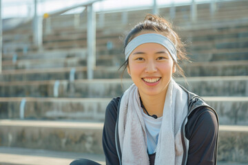 Smiling female athlete after running training sport exercise, with towel. Japanese woman sitting on empty stadium stands and stairs