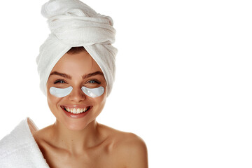 Skincare. Very happy young woman laughing, applying cosmetic eye patches mask, reduces wrinkles, wears wrapped towel on head, isolated on white background. 