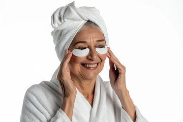 Skincare. Very happy mature Hispanic woman laughing, applying cosmetic eye patches mask, reduces wrinkles, wears wrapped towel on head, isolated on white background. 