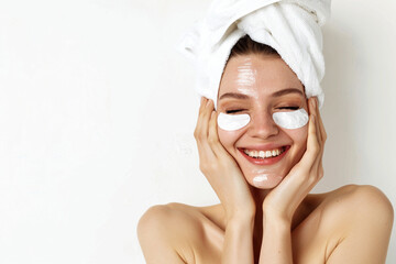 Skincare. Very happy young woman laughing, applying cosmetic eye patches mask, reduces wrinkles, wears wrapped towel on head, isolated on white background. 