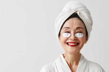 Skincare. Very happy mature Japanese woman laughing, applying cosmetic eye patches mask, reduces wrinkles, wears wrapped towel on head, isolated on white background. 