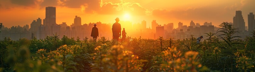 Farmers Tending to Crops in a Fertile Field with Soft Sunrise The gentle blur of workers and land suggests the timeless rhythm of agriculture. Urban Skyline Overlooking Bustling Financial District