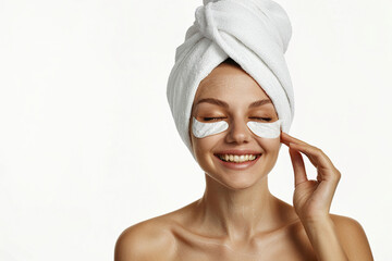 Skincare. Very happy young woman laughing, applying cosmetic eye patches mask, reduces wrinkles, wears wrapped towel on head, isolated on white background. Facial treatment, beauty and spa concept.