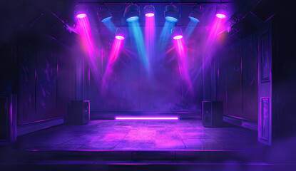 Stage and spotlights scene on the stage, in the style of light purple and light indigo