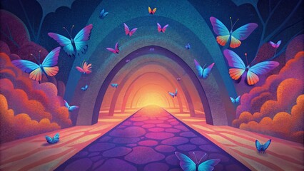 A colorful array of butterflies flit effortlessly through a brightlypainted tunnel moving from one side of a road to the other in a matter of - obrazy, fototapety, plakaty