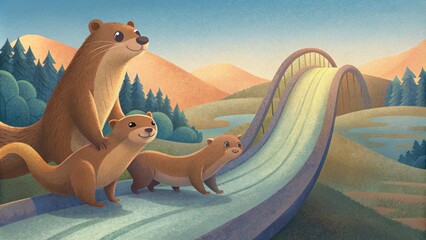 A family of playful otters happily slip and slide down a speciallyconstructed slide allowing them to safely cross a busy highway.