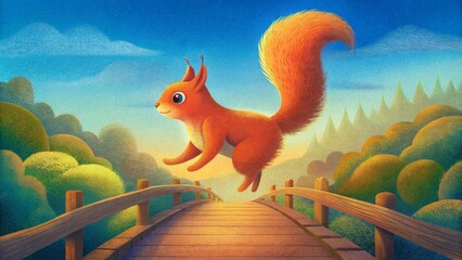 A quaint red squirrel playfully hops across a narrow wooden bridge its russet coat brightening up an otherwise drab roadway. - obrazy, fototapety, plakaty
