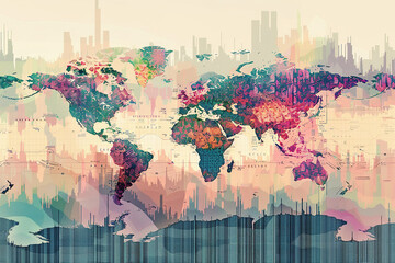 Stock market graphs with a world map, in the style of light navy and light magenta, dark amber and green, densely patterned imagery