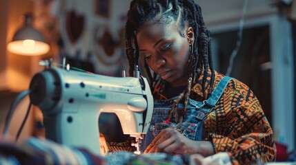 A seamstress meticulously repairs a garment, showcasing her expertise in sewing and pattern design, elevating tailoring services - obrazy, fototapety, plakaty