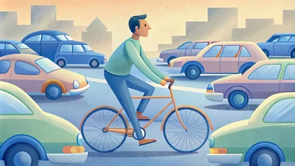 Foto op Canvas A cyclist riding past a line of cars stuck in traffic grateful for the time and money they are saving by participating in the citys bikesharing © DigitalSpace